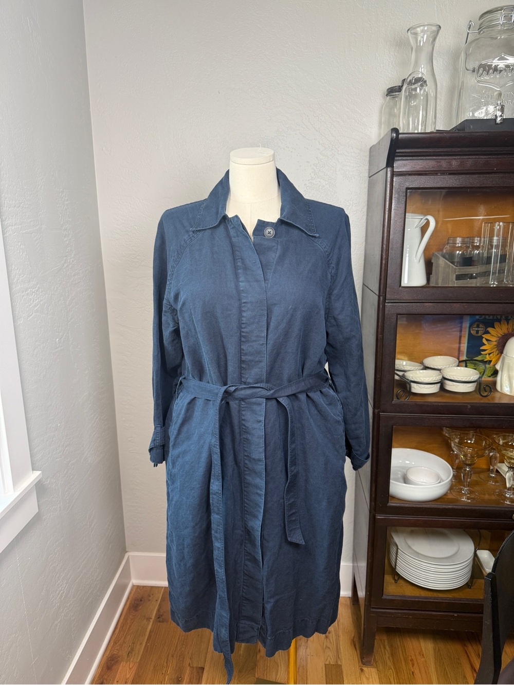 Haven Well Within Linen Tencel Lyocell Belted Trench Coat Blue Duster Size XL